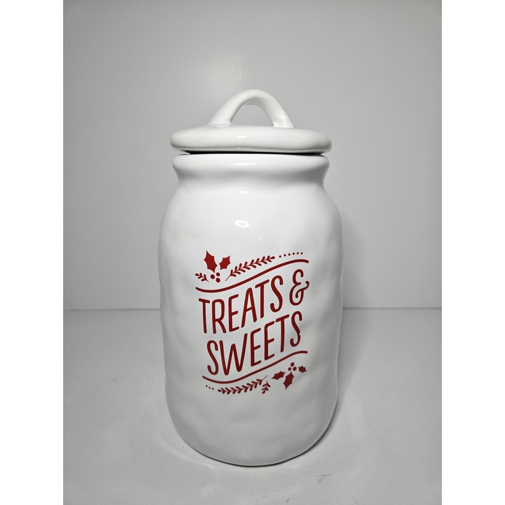 Hallmark Treats and Sweets Christmas Ceramic Cookie Jar White Red Holiday Lid